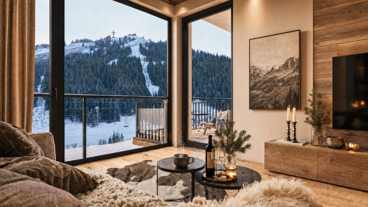Warmer Wohnraum mit Blick auf die Berge im Bergresort Buchenstein