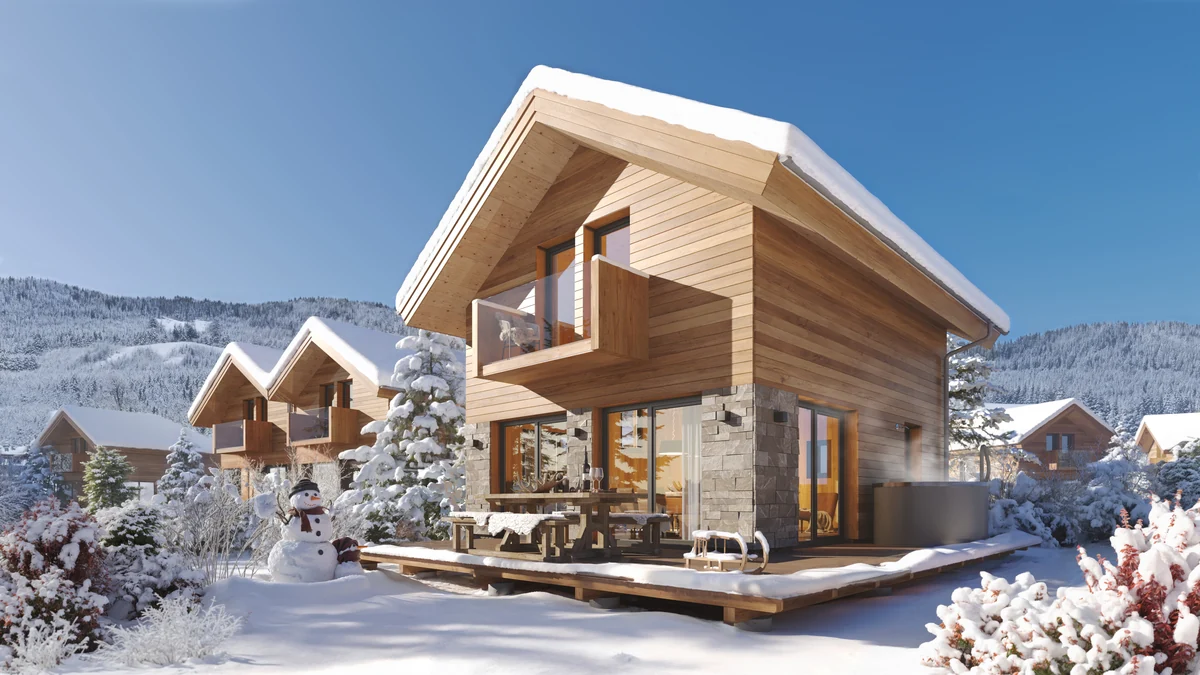 Architekturvisualisierung eines Holzchalets der Sonnenchalets Murau mit Terrasse