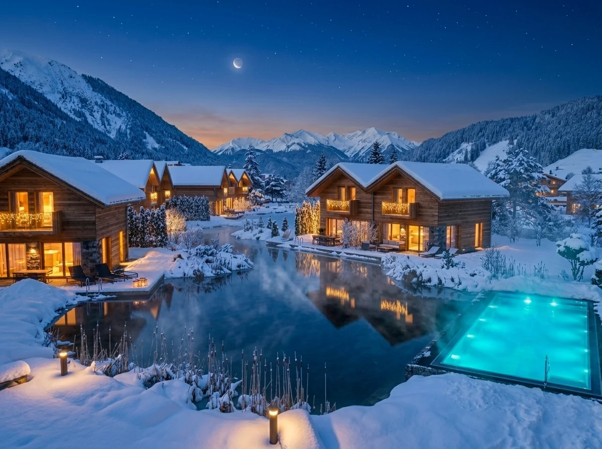 Architekturvisualisierung der Chalets und des Wasserbereichs in Murau bei Abendlicht